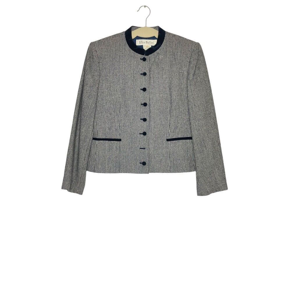 Vintage 80s 90s Navy White MicroHoundstooth Cropped Blazer Velvet Collar Size 12